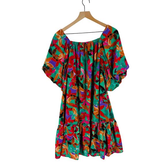 Entro Women's Colorful Leaf Print Off Shoulder Ruffle Hem Dress Size 1X - Picture 2 of 9